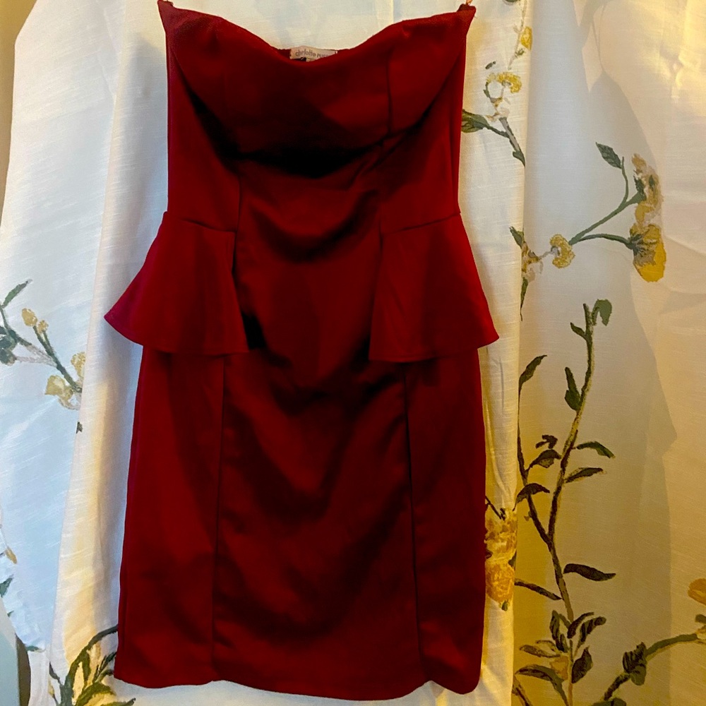 Strapless cranberry peplum dress